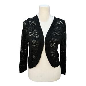 Vintage Y2K Open Mesh Knit Cardigan Sweater Women Medium Black‎ Cropped Bolero
